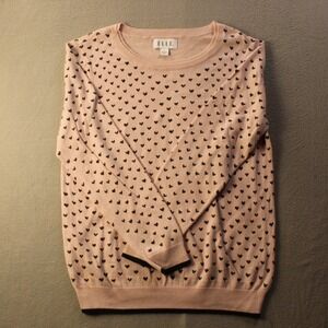 ELLE Womens‎ Pink Heart Print Sweater L Crew Neck Knit Soft Cozy Valentine Cute
